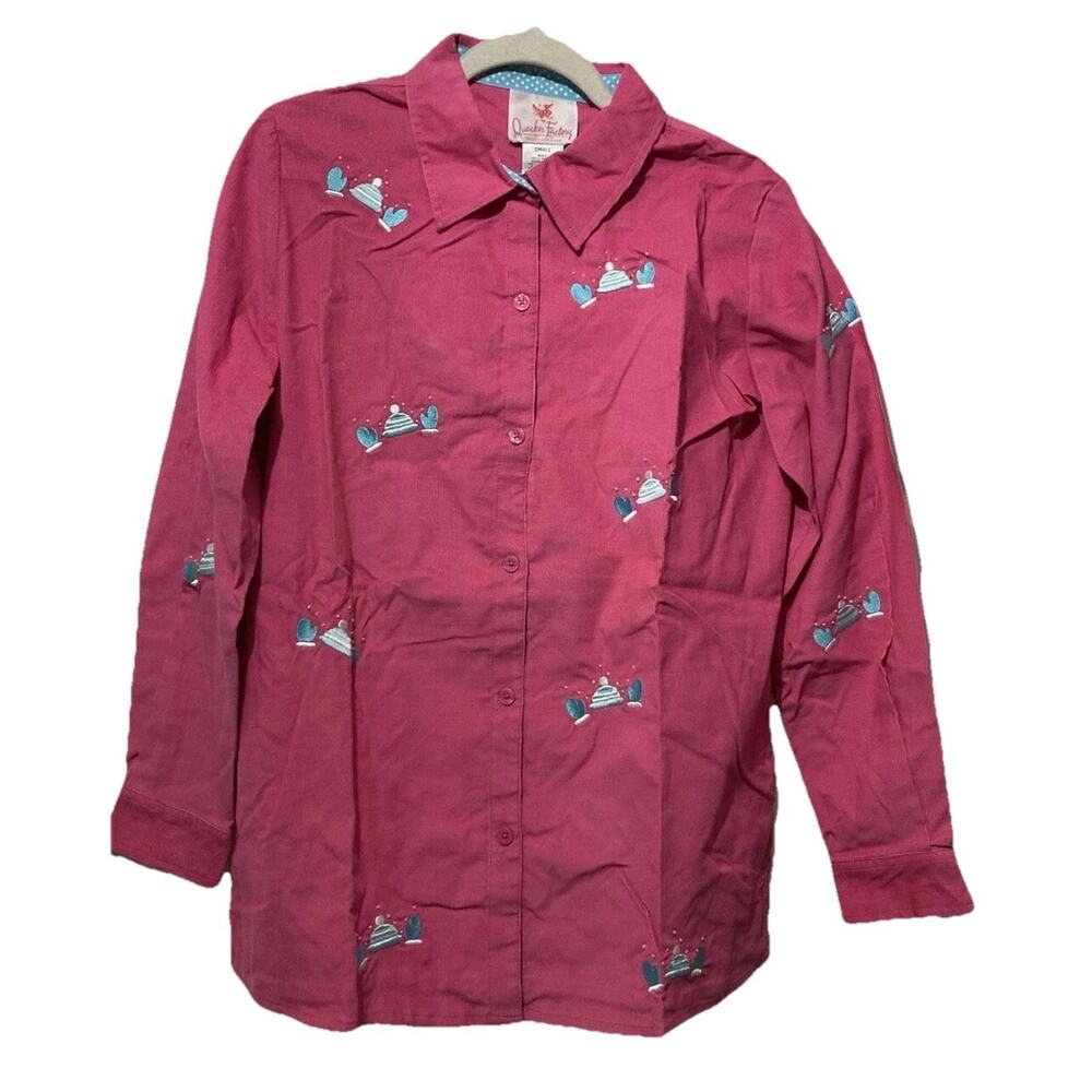 Quacker Factory Shirt Size Small Pink Button Up Shirt Corduroy Mittens Winter